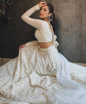 white cotton embroidered designer lehenga choli with dupatta set 2