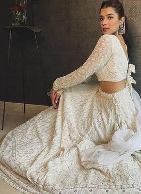 white cotton embroidered designer lehenga choli with dupatta set 3
