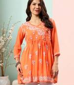 Seva chikan hand embroidered carrot pink rayon lucknowi chikan top scl9236