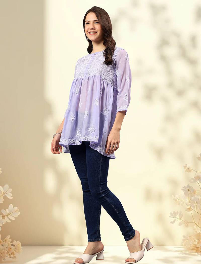 Seva chikan hand embroidered mauve terivoil lucknowi chikan top scl9244