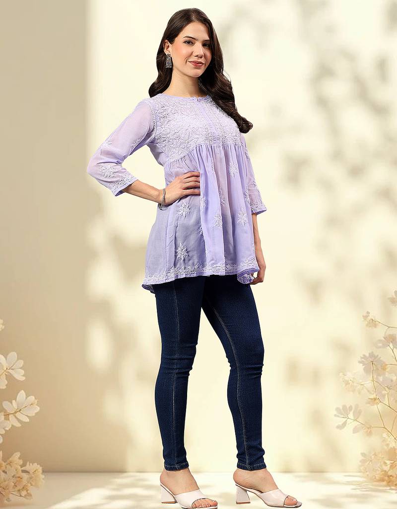 Seva chikan hand embroidered mauve terivoil lucknowi chikan top scl9244