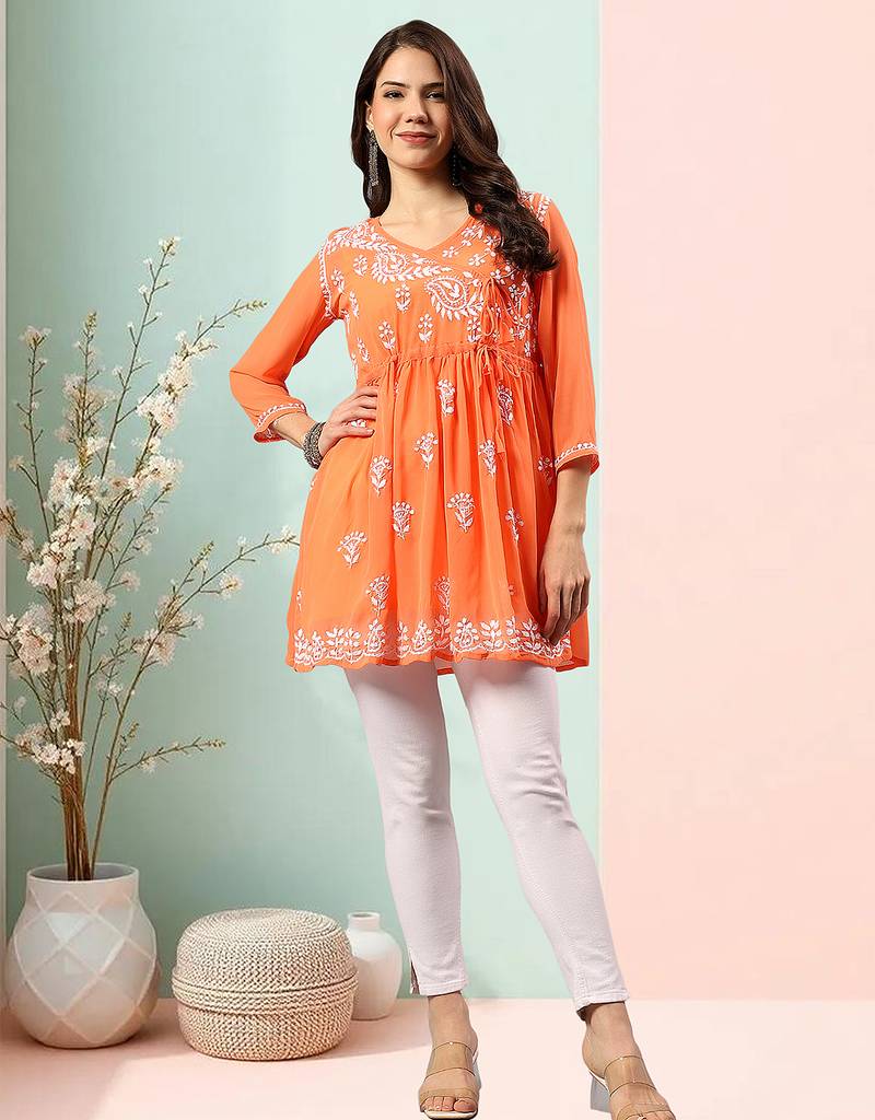 Seva chikan hand embroidered carrot pink rayon lucknowi chikan top scl9236