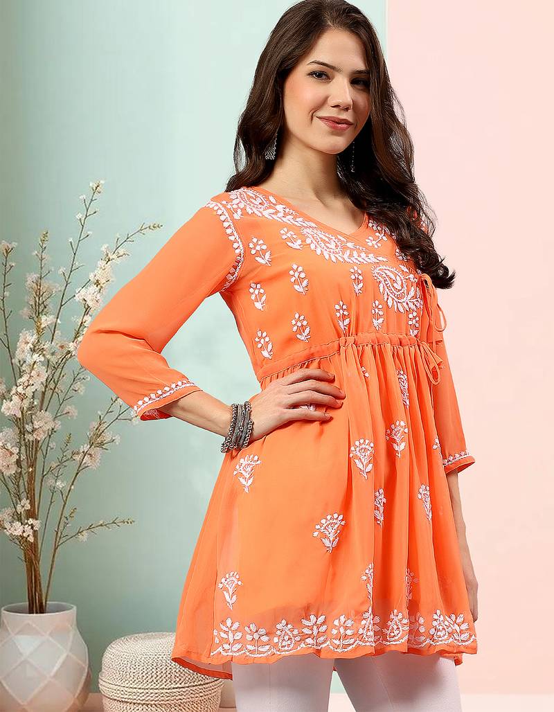 Seva chikan hand embroidered carrot pink rayon lucknowi chikan top scl9236