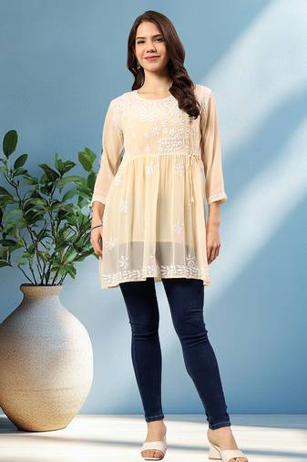 Seva chikan hand embroidered beige georgette lucknowi chikan top with slip scl9245