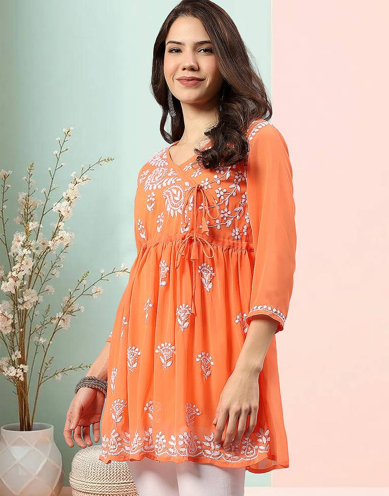 Seva chikan hand embroidered carrot pink rayon lucknowi chikan top scl9236