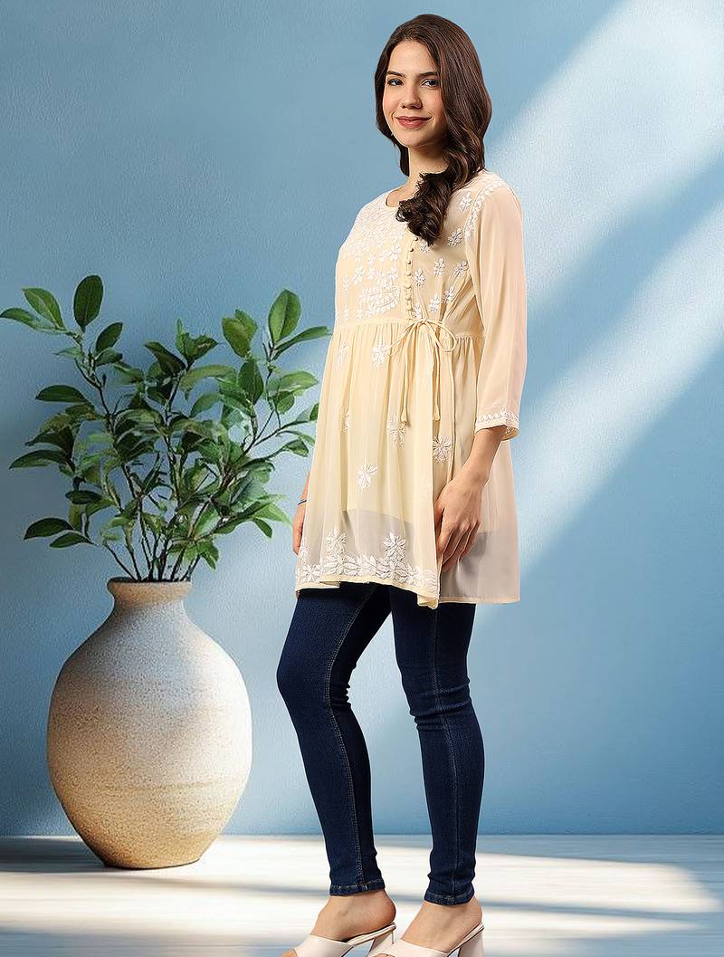 Seva chikan hand embroidered beige georgette lucknowi chikan top with slip scl9245