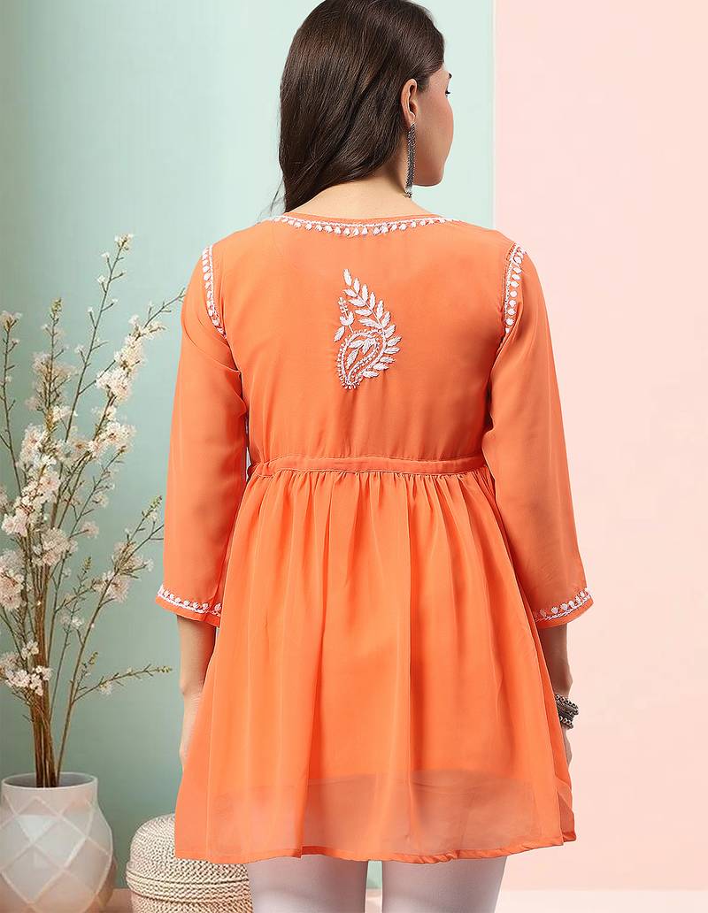 Seva chikan hand embroidered carrot pink rayon lucknowi chikan top scl9236