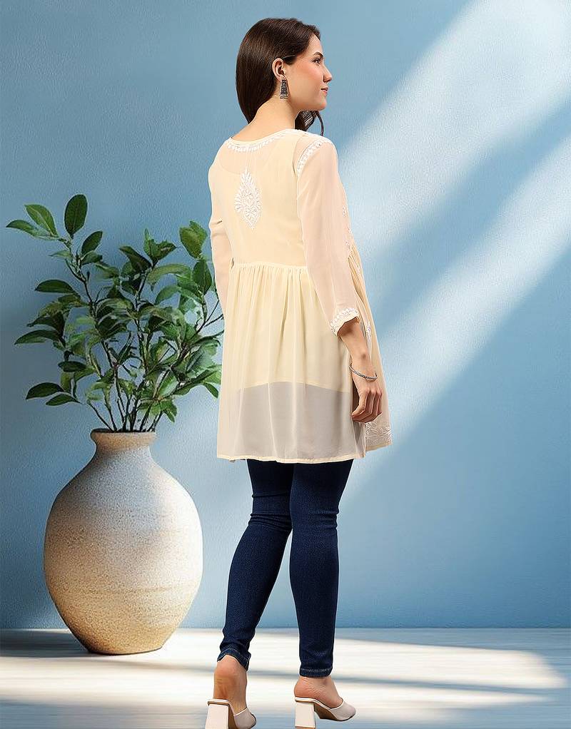 Seva chikan hand embroidered beige georgette lucknowi chikan top with slip scl9245