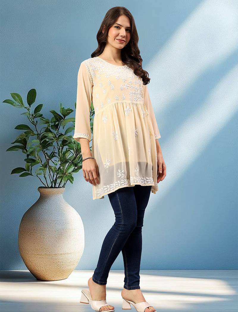 Seva chikan hand embroidered beige georgette lucknowi chikan top with slip scl9245