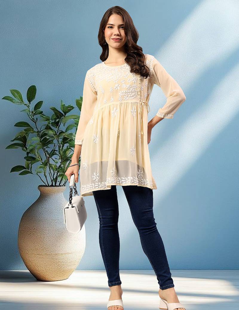 Seva chikan hand embroidered beige georgette lucknowi chikan top with slip scl9245