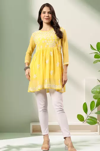 Seva chikan hand embroidered yellow georgette lucknowi chikan top with slip scl9246