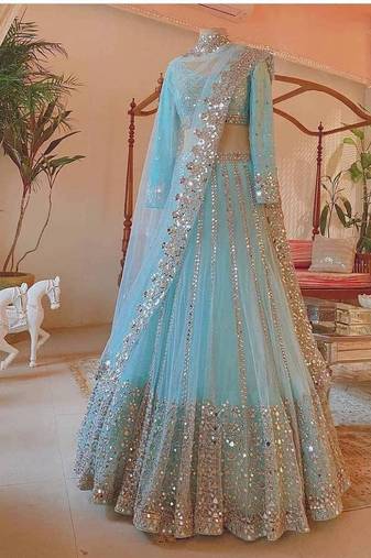 SKYBLUE MIRROR EMBROIDERY NET PREMIUM LEHENGA CHOLI WITH DUPATTA
