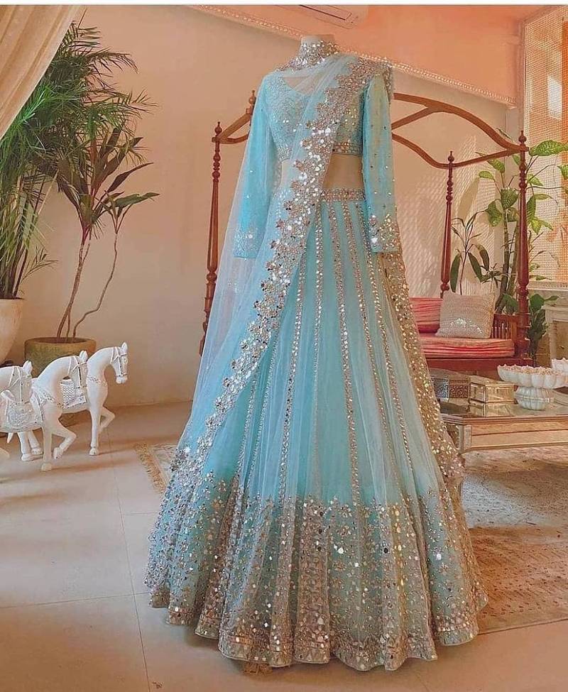 SKYBLUE MIRROR EMBROIDERY NET PREMIUM LEHENGA CHOLI WITH DUPATTA