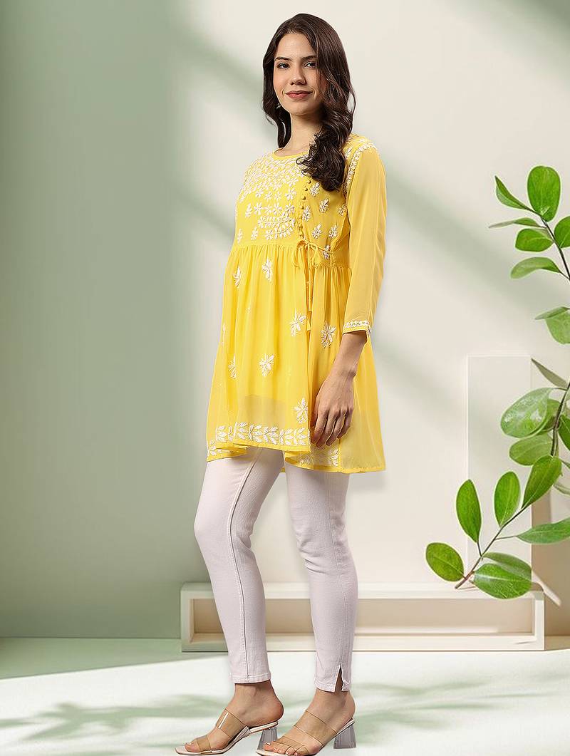 Seva chikan hand embroidered yellow georgette lucknowi chikan top with slip scl9246