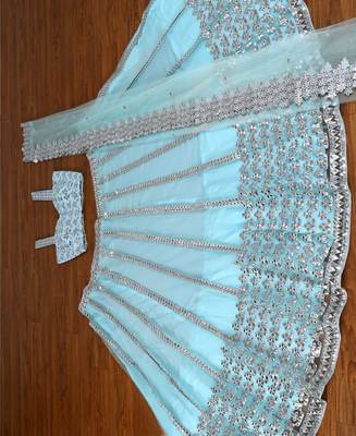 skyblue mirror embroidered net lehenga choli with silk blouse set 2