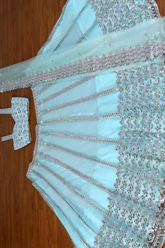 skyblue mirror embroidered net lehenga choli with silk blouse set