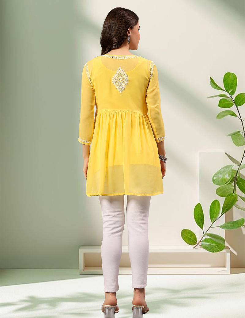Seva chikan hand embroidered yellow georgette lucknowi chikan top with slip scl9246