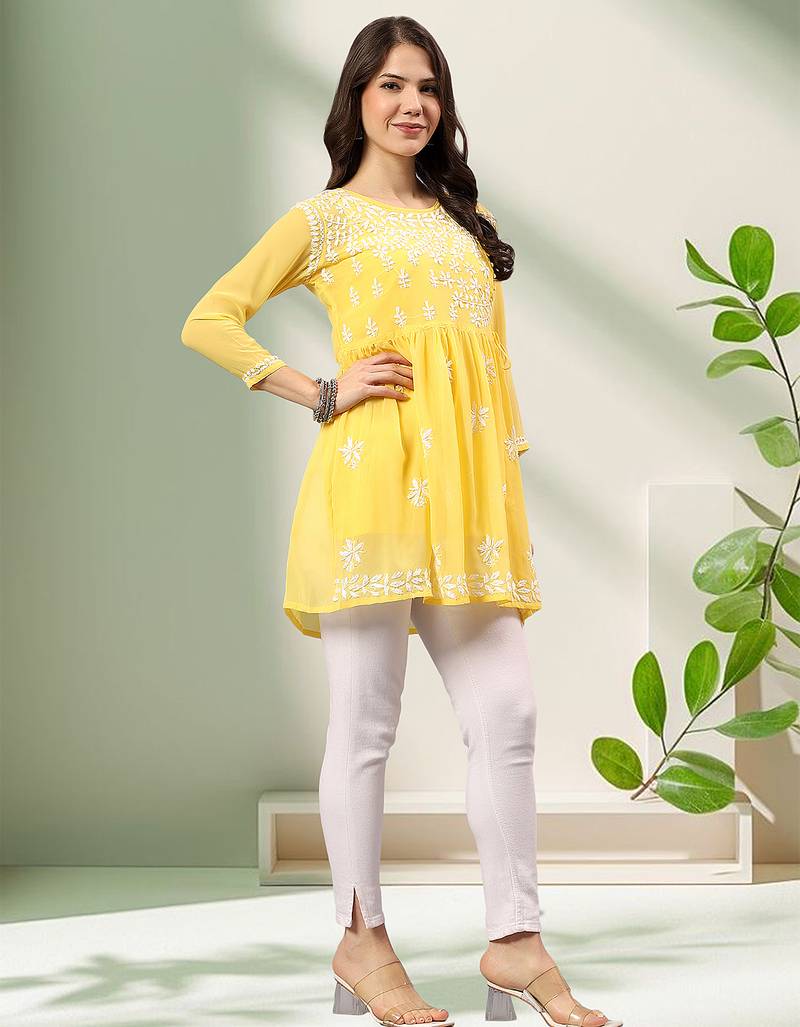 Seva chikan hand embroidered yellow georgette lucknowi chikan top with slip scl9246