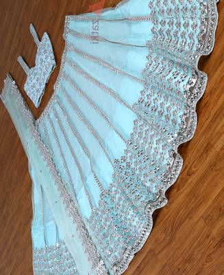skyblue mirror embroidered net lehenga choli with silk blouse set 3