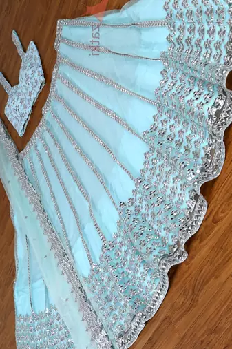 skyblue mirror embroidered net lehenga choli with silk blouse set
