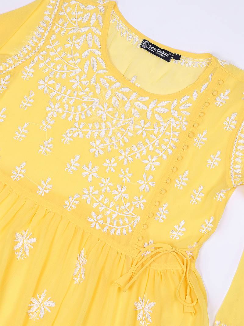 Seva chikan hand embroidered yellow georgette lucknowi chikan top with slip scl9246