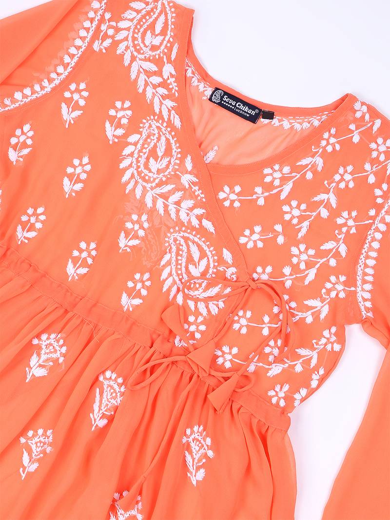Seva chikan hand embroidered orange georgette lucknowi chikan top with slip scl9247