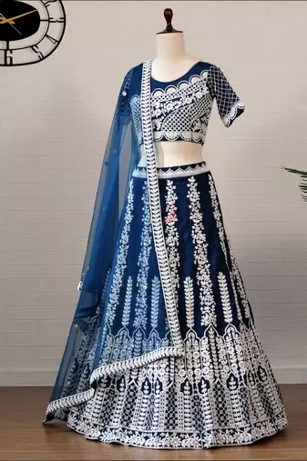 indigo chinon silk lehenga choli with embroidered dupatta