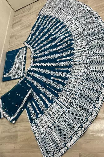 indigo chinon silk lehenga choli with embroidered dupatta