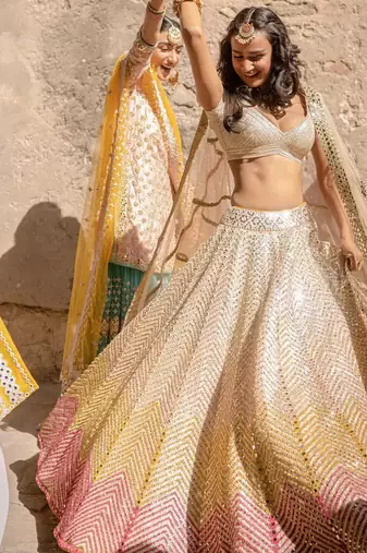 multicolor georgette lehenga choli with embroidery and dupatta