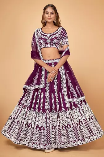 purple chinon silk designer lehenga choli with embroidered dupatta
