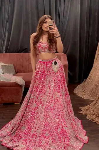 pink silk lehenga choli with cording embroidery and dupatta