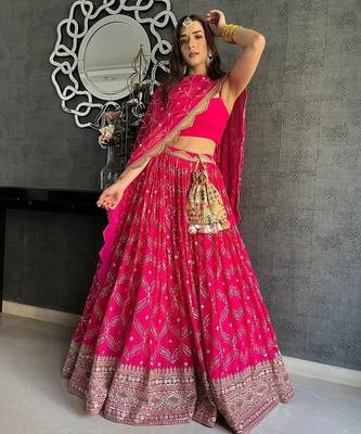 pink georgette lehenga choli with cording embroidery and dupatta 1