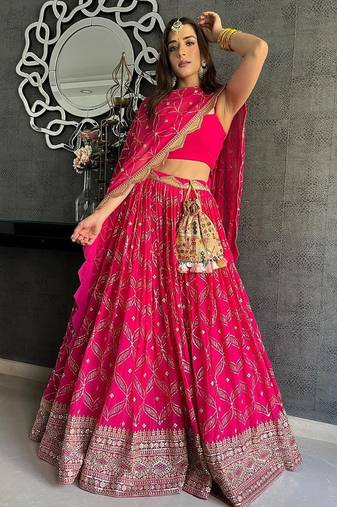 pink georgette lehenga choli with cording embroidery and dupatta
