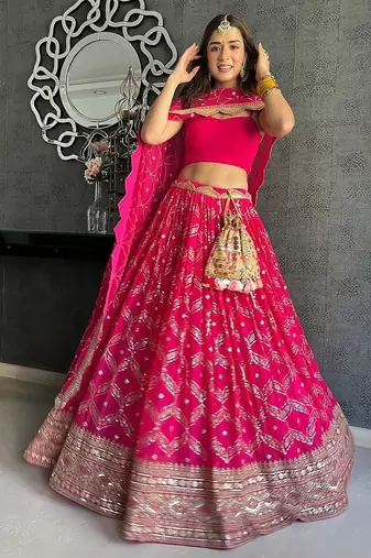 pink georgette lehenga choli with cording embroidery and dupatta