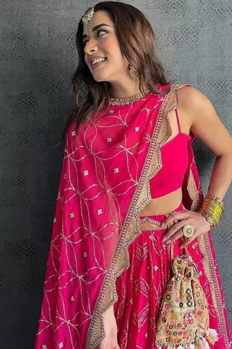 pink georgette lehenga choli with cording embroidery and dupatta