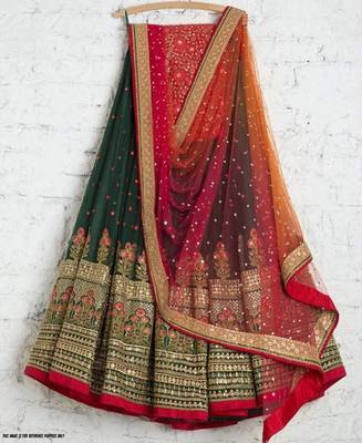 green georgette lehenga choli with red embroidered pallu dupatta 1