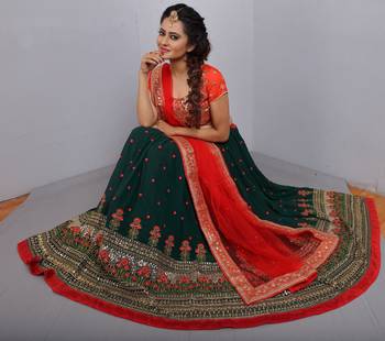 green georgette lehenga choli with red embroidered pallu dupatta 2