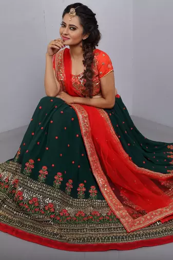 green georgette lehenga choli with red embroidered pallu dupatta