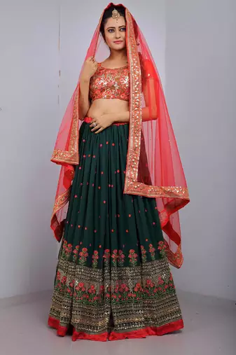 green georgette lehenga choli with red embroidered pallu dupatta