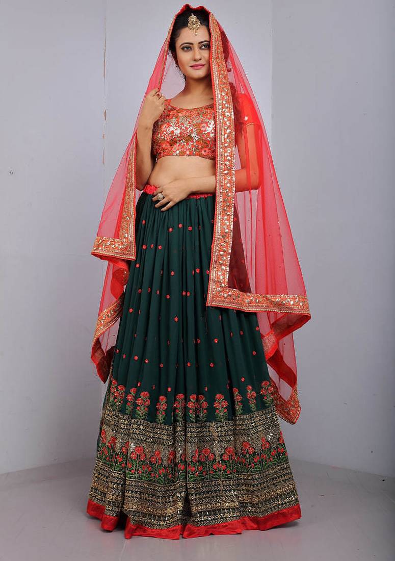 GREEN EMBROIDERY GEORGETTE FASHION LEHENGA CHOLI WITH DUPATTA