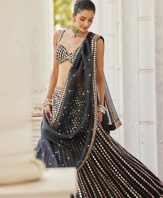 black organza silk lehenga choli with mirror embroidery dupatta 2