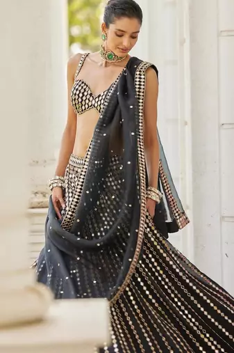 black organza silk lehenga choli with mirror embroidery dupatta
