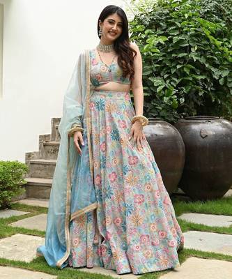 multicolor muslin silk lehenga choli with beads and digital embroidery 2