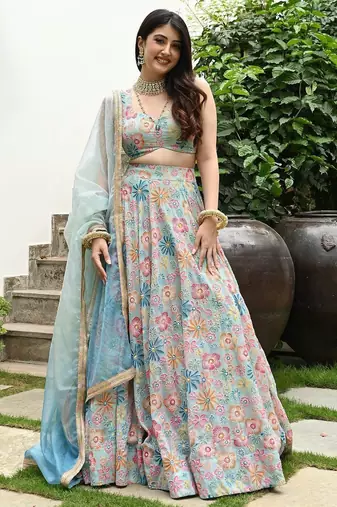 multicolor muslin silk lehenga choli with beads and digital embroidery