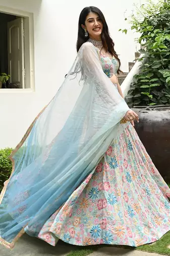 multicolor muslin silk lehenga choli with beads and digital embroidery