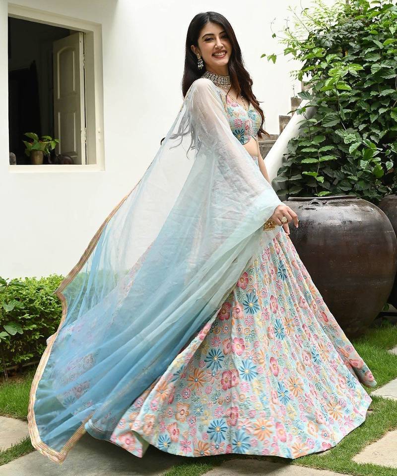 MULTICOLOR BEEDS WORK MUSLIN SILK DIGITAL EMBROIDERY LEHENGA CHOLI WITH DUPATTA