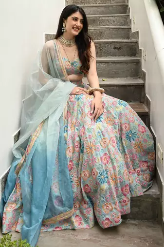 multicolor muslin silk lehenga choli with beads and digital embroidery