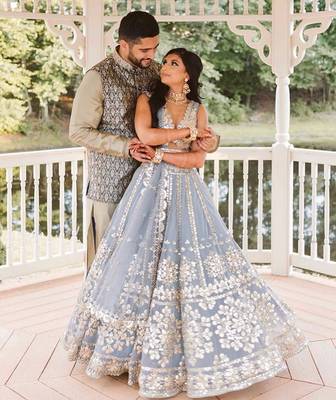 grey net lehenga choli with embroidered pallu and designer look 2