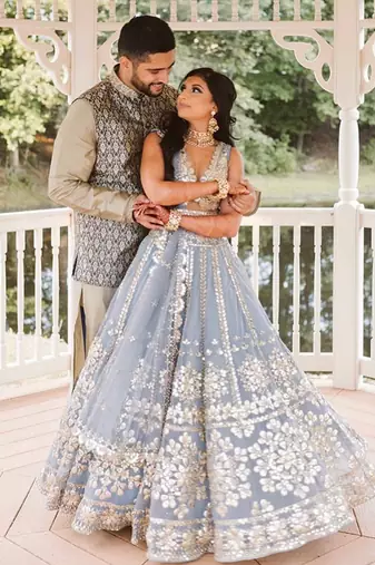 grey net lehenga choli with embroidered pallu and designer look