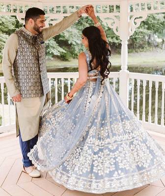 grey net lehenga choli with embroidered pallu and designer look 3